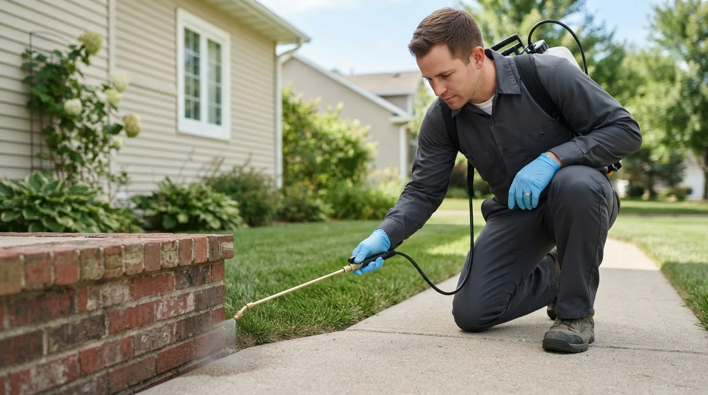 Pest control technician treating a home near Trenton, IL