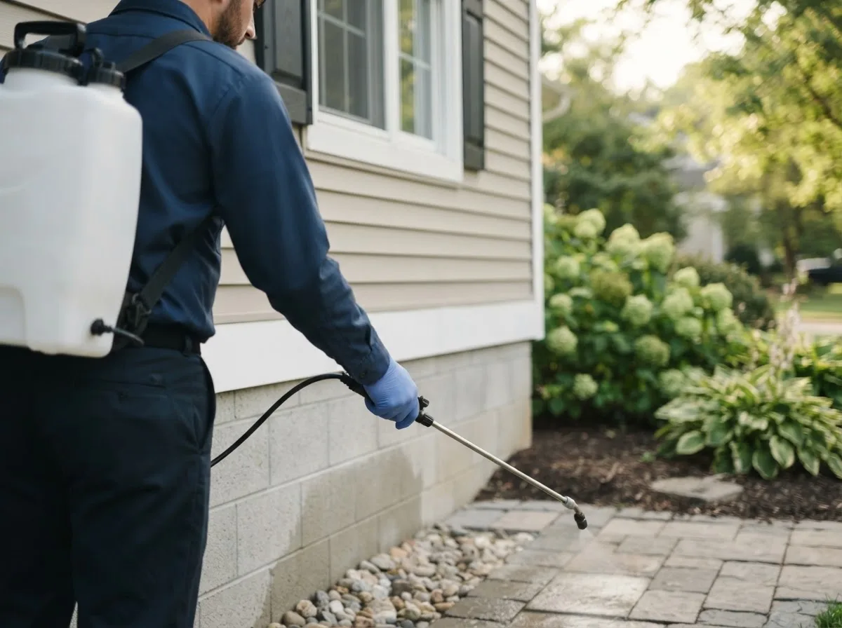 Pest control technician inspecting a home in Trenton, IL